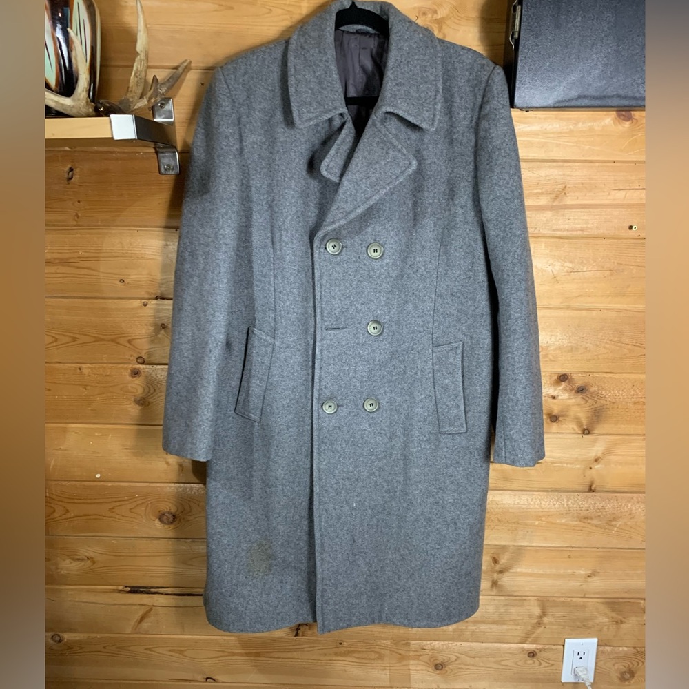 Vintage Wool Trench Coat Men Large Gray Double Breasted Heavy Winter Jacket MCM